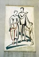 Albert Kettenhofen, "Elternhaus und Schule", um 1957, Mosaik, farbige Keramik, ca. 4,50 x 2,00. Foto: Institut für aktuelle Kunst im Saarland, Christine Kellermann