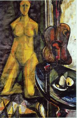 Stilleben mit weiblichen Akt und Gitarre, Öl auf Lw, 91 x 62 cm