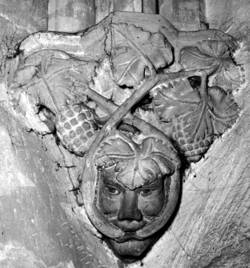 Männliche Blattmaske mit Reben, nach 1315, Sandstein, Hochrelief, Höhe ca. 25 cm, Gewölbekonsole, 3. nördl. Seitenschiffjoch, Stiftskirche St. Arnual, Saarbrücken