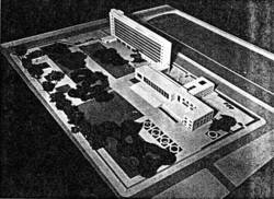 Modell aus der Bauzeit, Ansicht von Süd-Osten. Foto aus: Kurt Hoffmann, Alex Pagenstecher (Hg.): Büro- und ­Verwaltungsgebäude. Stuttgart 1956, S. 131