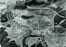 Neuordnungsplan für die Stadt Saarbrücken 1946, Entwurf von Georges-Henri Pingusson. Foto aus: Städtebauliche Leitlinien im Wandel. Saarbrücken und seine Hafeninsel. Saarbrücken 1989