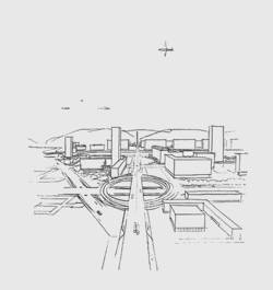 Aufbauprojekt von Georges-Henri Pingusson für Saarbrücken, Skizze: Nord-Süd-Achse mit kreuzungsfreiem Straßenverlauf. Abbildung aus: Urbanisme en Sarre. Saarbrücken ohne Jahr (1947), S. 54