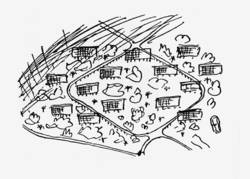 Le Corbusier, Ideenskizze für Nemours, 1934. Mehrere innerhalb ausgedehnter Grünanlagen verstreut liegende "Unités d‘Habitation" bilden einen Stadtteil oder eine Stadt. Abbildung aus: Leonrado Benevolo: Die Geschichte der Stadt. Frankfurt/Main 1991, S. 932