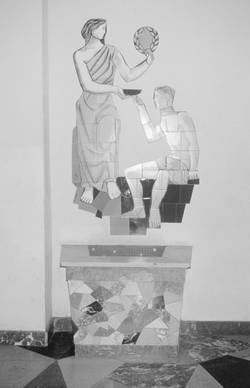 Richard Eberle, Trinkbrunnen mit Wandmosaik, 1955 Stein und Keramik, Brunnenbecken: 0,70, x 1,04 x 0,64 m, Wandbild: 1,70 x 1,00 m. Foto: Institut für aktuelle Kunst im Saarland, Christine Kellermann