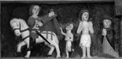 Martinslegende, 2. Drittel 15. Jahrhundert, Sandstein, Relief, 130 x 62 x 7 cm, Portal zum Turm im südl. Seitenschiff, Kath. Pfarr- und Wallfahrtskirche St. Wendel