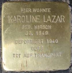 Stolperstein für Karoline Lazar, geb. Hirsch. Foto: Institut für aktuelle Kunst im Saarland, O.D.