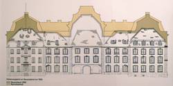Vergleich der Dachhöhen. In Gelb die Silhouette des Barockschlosses von Friedrich Joachim Stengel