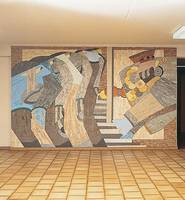 Gabriele Eickhoff, Wandgestaltung, 1976, "Geldeinnahme und -ausgabe", Mosaik (Keramik, Naturstein), 2,50 x 4,12 m. Foto: Institut für aktuelle Kunst im Saarland, Carsten Clüsserath