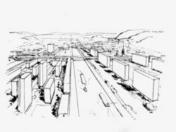 Aufbauprojekt von Georges-Henri Pingusson für Saarbrücken, Skizze: neues Regierungsviertel (links), geplante Wohnhochhäuser (rechts). Abbildung aus: Urbanisme en Sarre. Saarbrücken ohne Jahr (1947), S. 46