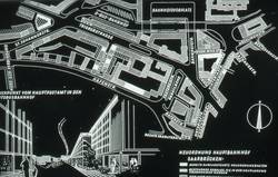 "Neuordnung Hauptbahnhof Saarbrücken". Foto aus: Karl Cartal: Saarbrücken heute und morgen. Der Wiederaufbau. Eine städtebauliche Betrachtung. Saarbrücken um 1965